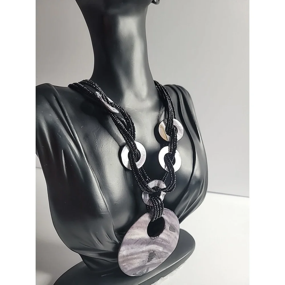 Artisan‎ Style Purple Shell Look Pendant Necklace Black Seed Bead Multi Strand